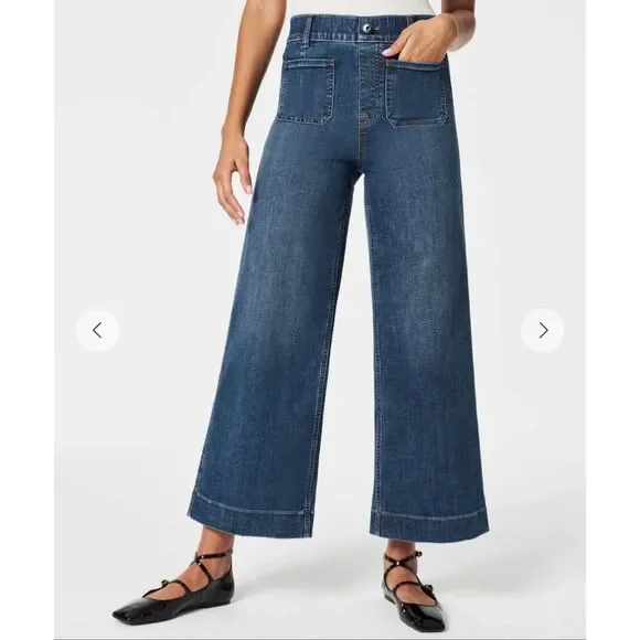 SPANX High Rise Cropped Wide Leg Jeans Medium Wash Size Large - Picture 2 of 11